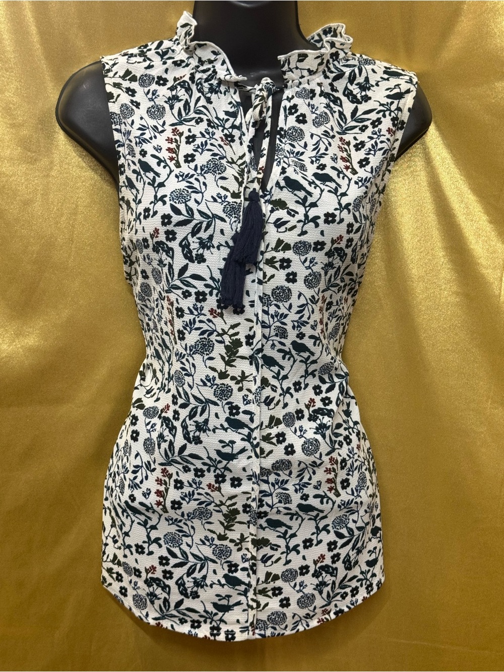 C&E Floral & Bird Print Sleeveless Blouse with Tassel Neck, Size Small